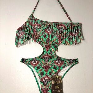 NWT Brazilian Cut Out One Piece Bathing Suit Boho Geometric Swimwear Maximalist